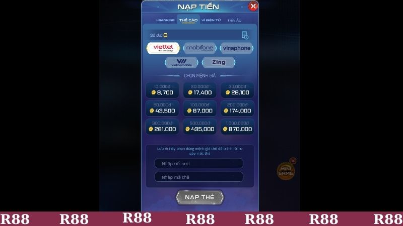 Chi tiết các bước hướng dẫn nạp tiền R88